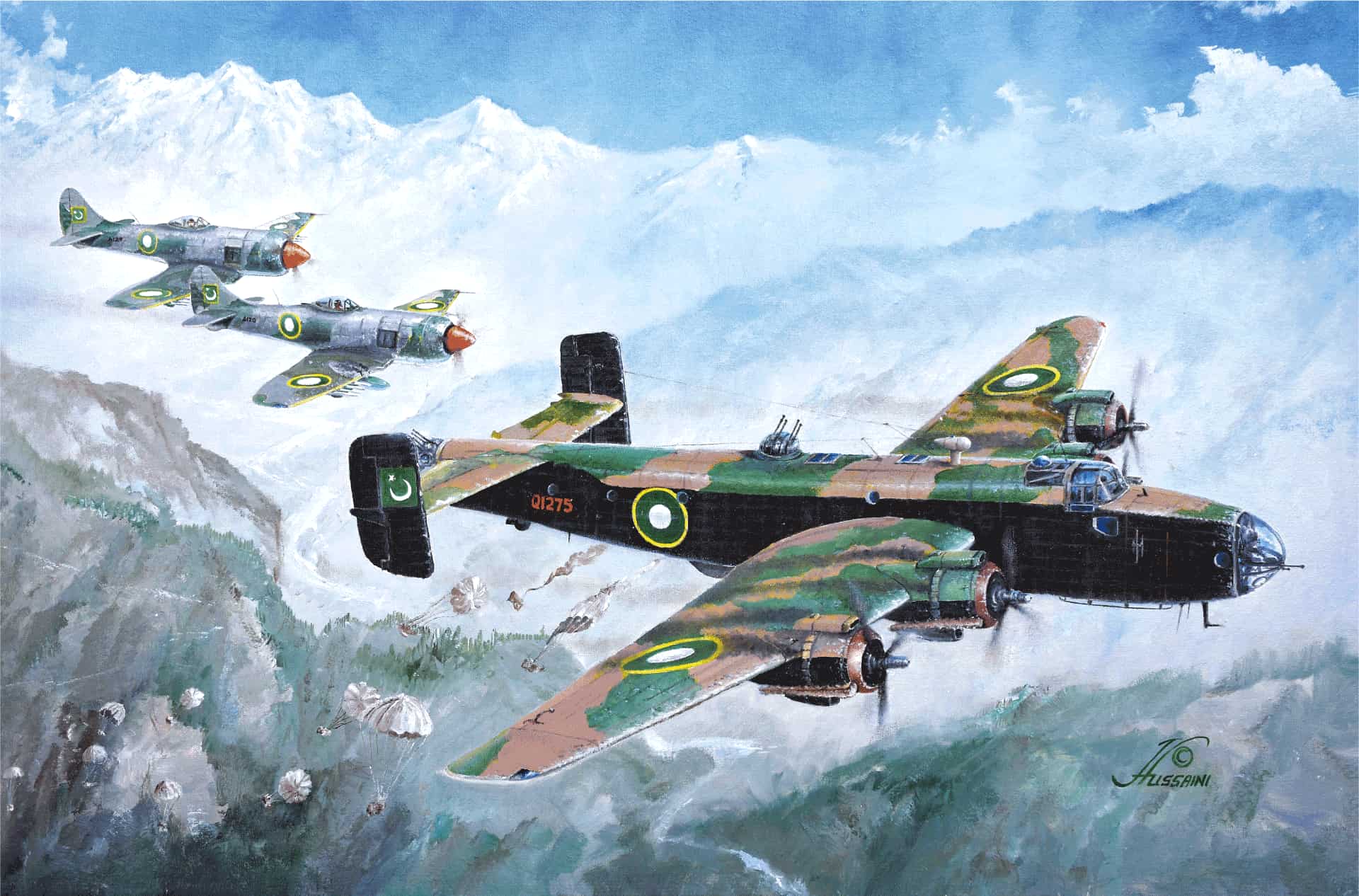 NO. 9 SQUADRON TEMPESTS ESCORT A HALIFAX OF NO. 12 SQUADRON