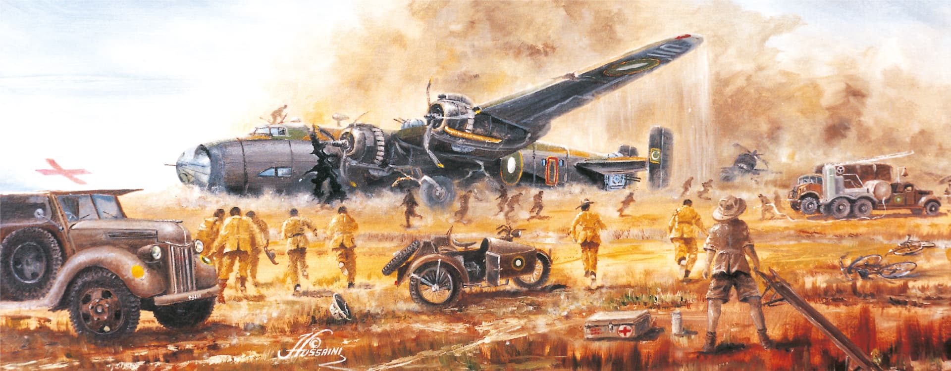 Belly landing by a Halifax bomber - Aviation art by Hussaini